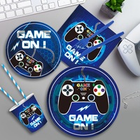 Kits de vaisselle jetable sur le thème du jeu personnalisés en bleu, comprenant une bannière d'anniversaire, des assiettes en papier, des fournitures de fête à motifs de jeu