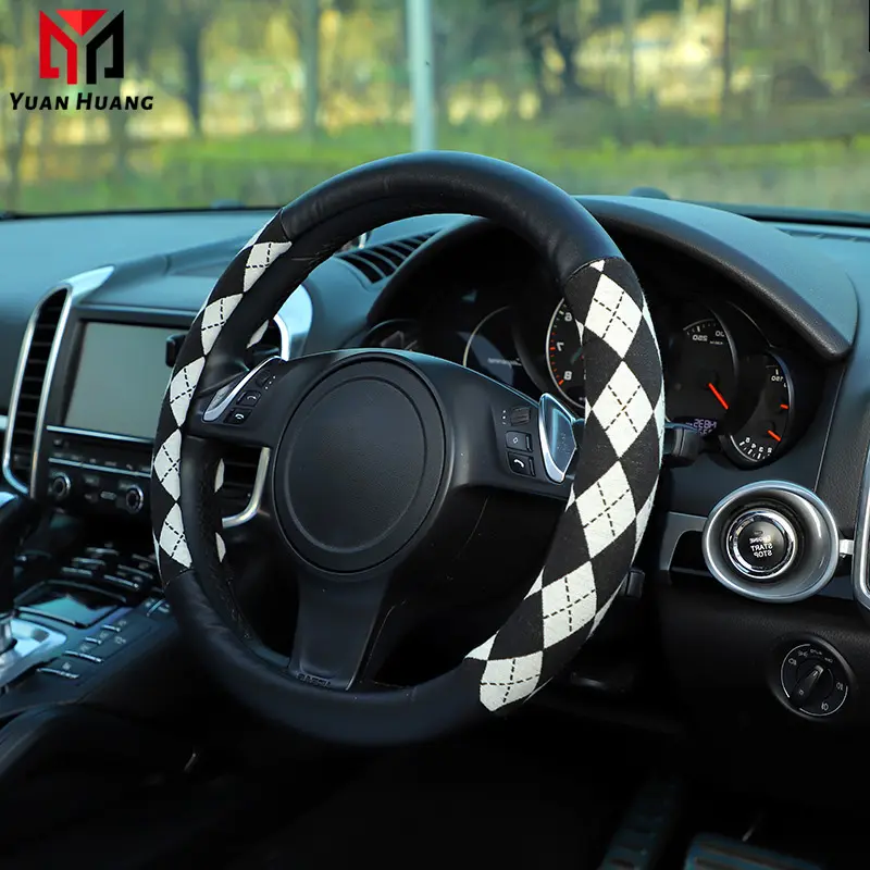 Black White Houndstooth Universal 38cm Steering Wheel Covers Cute Car Steering Wheel Cover for Men Women Girls Car Accessories