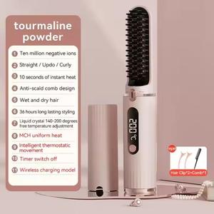 Portable High Quality Blue <b>Light</b> Care Rechargeable Heating Hair Straightener Comb Professional <b>Wireless</b> Hair Straightener Brush - Product Image 4