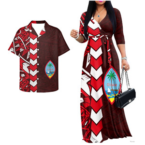 Novos Conjuntos de Roupas para Casais com Estampa da Bandeira de Guam, Vestido e Camisa com Decote em V e Cinto na Cintura para Férias na Praia Tropical - Product Image 1