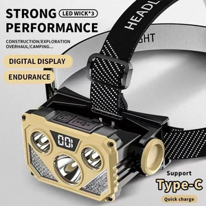 Lampe frontale LED d'extérieur, 3 LED, super lumineuse, étanche, rechargeable par USB, affichage numérique, pour la pêche de nuit, le camping, la randonnée - Product Image 5