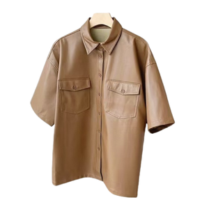 TKAN408 personnalisé femmes en cuir PU Vintage chemise poches boutonnées Vintage manches courtes Streetwear haute qualité en cuir ensembles courts - Product Image 2