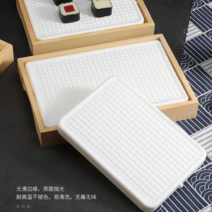 Japanese Style Sushi Platter With Ice Plate For Salmon Sashimi Serving <b>Tray</b> Rectangular Wooden Frame White Ceramic Dish - Product Image 2