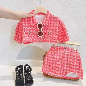 Spring and summer new children's clothing girls fashion houndstooth short-sleeved top and skirt suit other baby clothing