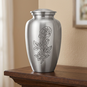 Urne funéraire en aluminium argenté de style européen pour cendres d'animaux de compagnie, d'enfants ou d'adultes, vase commémoratif gravé motif rose, écologique - Product Image 3
