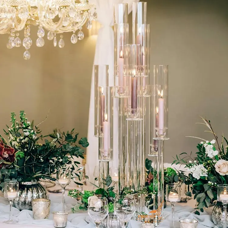 Dessus de Table décoration de tube de verre bougeoir 10 bras haut pas cher candélabres de mariage en cristal avec abat-jour à vendre