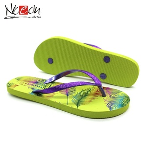 Wholesale Colorful <b>Feather</b> Print Flip Flops Women Purple Glitter Strap Beach Sandals Soft EVA Summer <b>Slippers</b> Custom Logo - Product Image 3