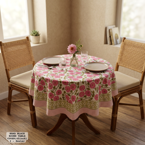 Modern Hand Block Printed Round Cotton <b>Table</b> <b>Cover</b> 45inch Floral Pink White Outdoor Use Washable Pastoral Style - Product Image 2