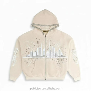 Sweat à capuche oversize vintage pour homme, col rond, lourd, 100% coton, détails en strass, décontracté - Product Image 1