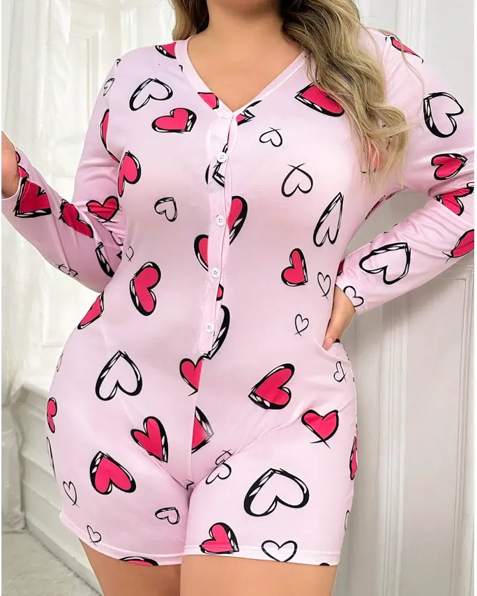 Plus Size Allover Heart Print Valentines Onesie Pijamas Oversize Girls Monos Sexy Loungewear Mujeres Sleep Romper