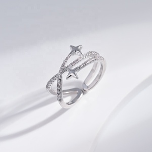 Anillo de promesa doble de plata de ley 925 con diseño de concha, estrella y corazón, ajustable, para mujer, precio de fábrica. - Product Image 4