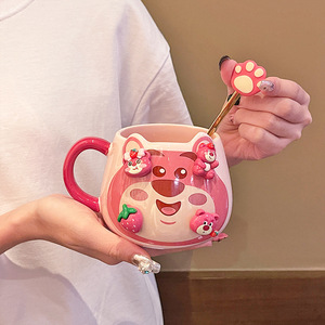 Tasse à café portable avec cuillère, motif dessin animé mignon, <span class=keywords><strong>lot</strong></span> de tasses en céramique, vente en gros, cadeaux promotionnels d'anniversaire pour enfants - Product Image 1