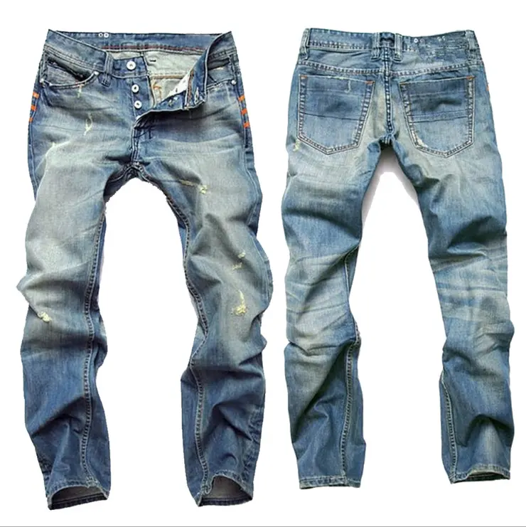 Jeans Men Business Casual Male Denim Pants Straight Slim Fit Dark Blue Men's Trousers