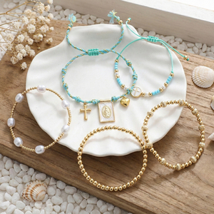 ชุดกำไลข้อมือ Go2boho ลายกางเขนพระเยซูและพระแม่มารี ประดับมุกและลูกปัดเทอร์ควอยซ์ ชุบทอง ผลิตภัณฑ์คริสเตียน เครื่องประดับ ของขวัญสำหรับผู้หญิง - Product Image 3