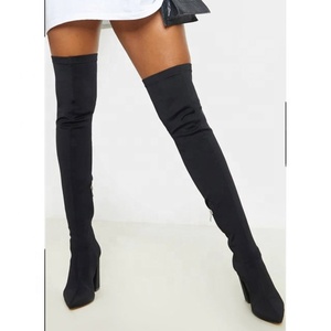 Solid Skintight Pointed Toe High Chunky Heel Women Thigh High <b>Booties</b> Slip-on Suede Upper Over Knee High Boots for Ladies - Product Image 2