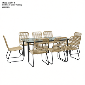 Set da pranzo in acciaio e rattan sintetico nero con tavolo in vetro, mobili da giardino per esterni, 6 posti, stile contemporaneo, resistente alle intemperie - Product Image 1