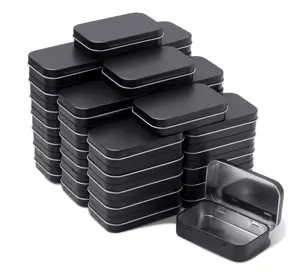 Caja de lata de metal con bisagras rectangulares, negra, impresión personalizada, portátil, de grado alimenticio, caja de regalo de lata con inserto de espuma