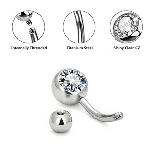 Nhẫn rốn titan G23 có ren trong, trang sức xỏ khuyên rốn, thanh cong, gắn đá zirconia kép - Product Image 4