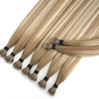 Extensiones de Cabello Humano Superiores con Anillas Nano, Cabello Sal y Pimienta, Doble Trama, Punta con Anilla Nano, 100% Cabello Humano