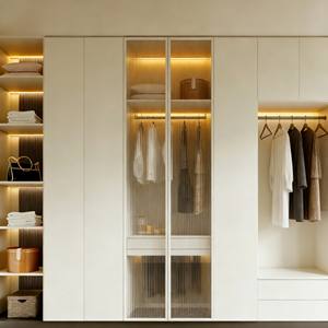 Modern Modular <b>White</b> <b>Wardrobe</b> Ribbed Glass Door Design With Integrated Lighting & Open Side Storage for Bedroom - Product Image 2