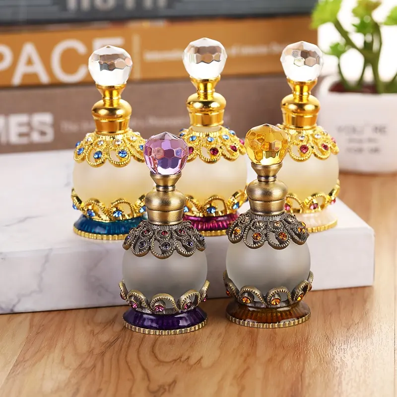15ml europeo medio Oriente Dubai de aleación de Metal patentada piedras de joyería botella de Perfume vacía de aceite esencial de vidrio Attar botella #81135