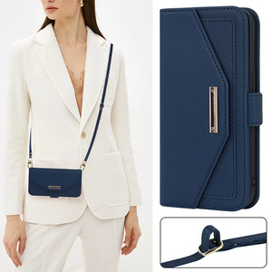 Étui de téléphone à rabat en cuir PU avec bandoulière, porte-cartes, miroir et protection intégrale - Product Image 4