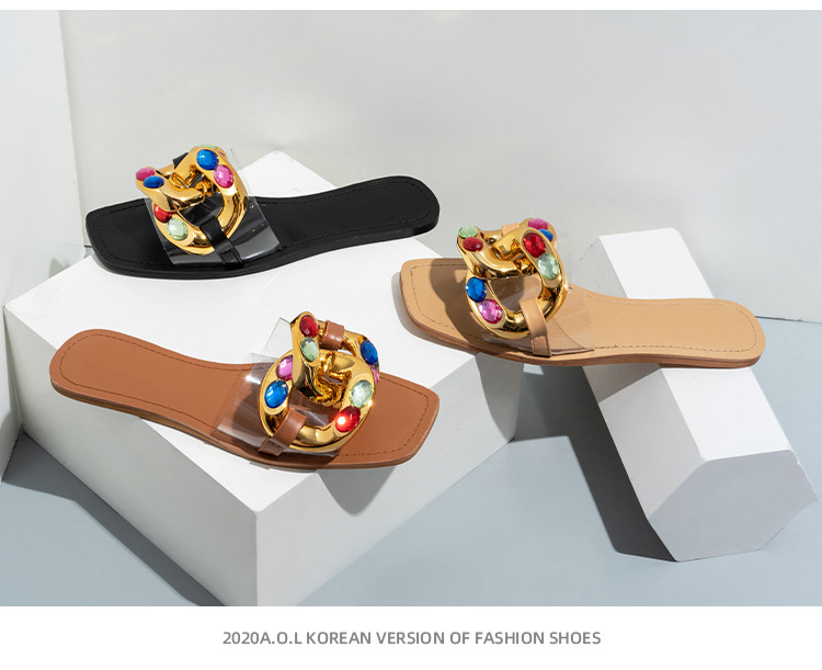 Candy Color Rhinestone Flat Women's flip-flops Fashion Metal Buckle Transparent Slipper Sandals