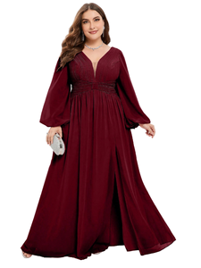 Elegante y Estiloso Vestido Maxi de Chifón para Mujer, Sexy, para Invierno, con Detalle Plisado, Transpirable y Ecológico, Manga Larga, Cuello en V, Corte Ajustado - Product Image 1