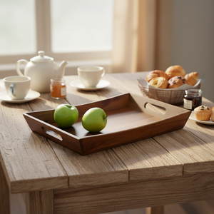 Plateau de service en bois d'acacia écologique avec poignées, plateau en bois, plateau multi-usages, adapté aux aliments, pour la maison et la cuisine - Product Image 4