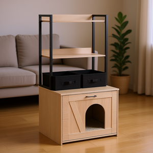 Enclos pour litière de chat en bois naturel avec 2 étagères de rangement, 2 paniers, meuble de maison pour chat d'intérieur dissimulé 23.6L X 19.7W X 50H - Product Image 2