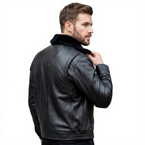 Chaqueta de cuero genuino para hombre, estilo bomber, con cuello de piel negra, chaqueta de piloto aviador, chaqueta de invierno con cremallera, ropa exterior de cuero. - Product Image 3