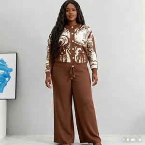 Women's Fall/Winter Printed Metal Buckle Knit <b>Cardigan</b> <b>Sweater</b> Wide-Leg Pants Casual 2-Piece Set Fashion - Product Image 1