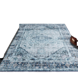 Tapis vintage bohème de luxe à poils courts, imprimé floral, antidérapant, 5x7, bleu, polyester, lavable, moderne, pour salon, tapis de sol - Product Image 1