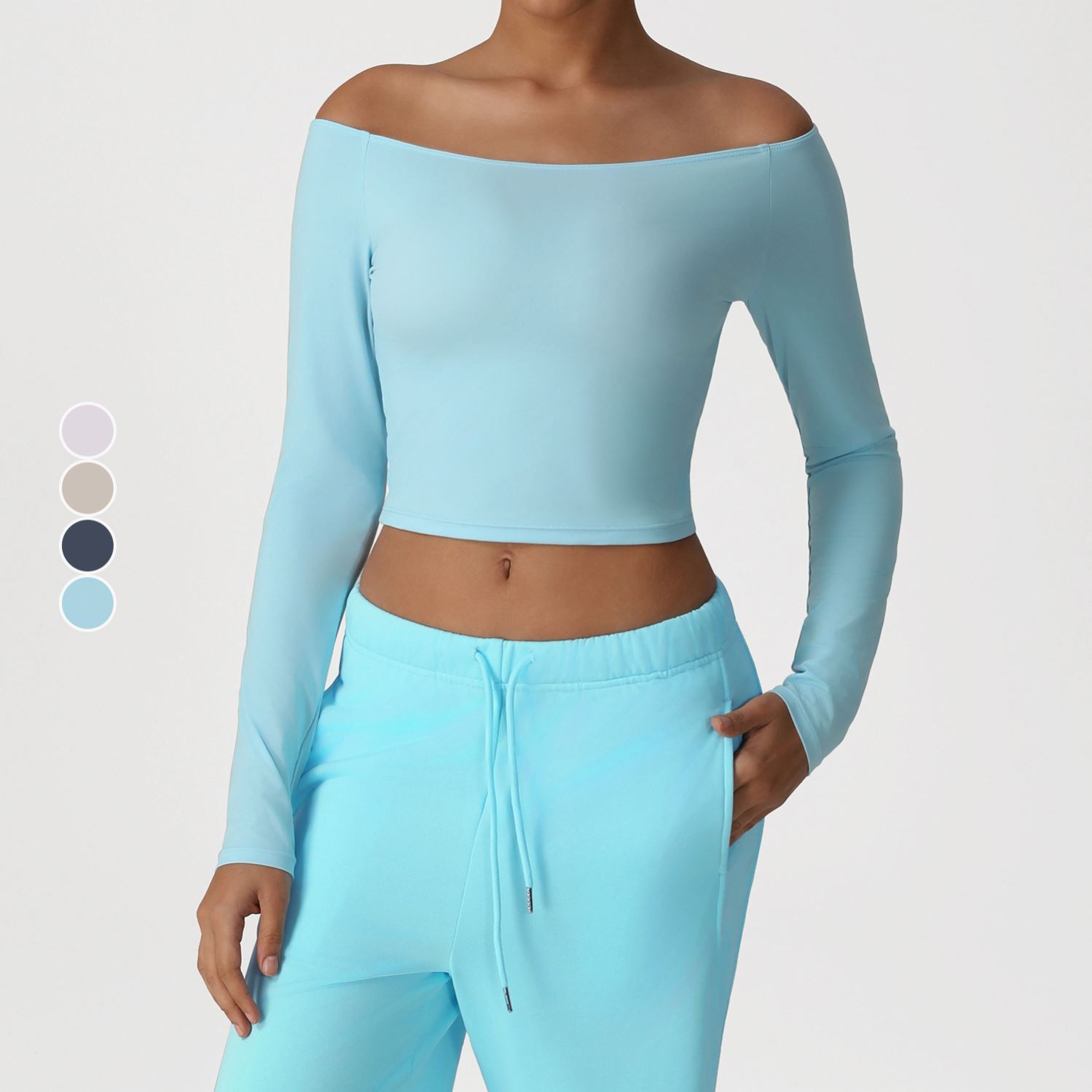 Women's Breathable Yoga Top Quick-Drying Long-Sleeved Sexy Off-the Shoulder High-Elasticity Fitness Sports Smock T-Shirt