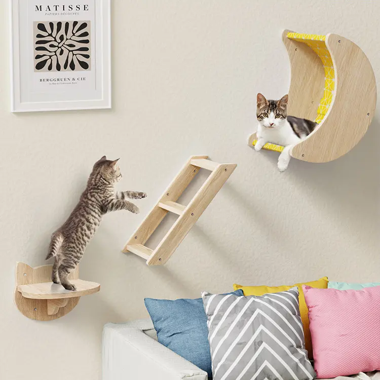 猫のベッド3セット家はしご木製壁クライミング棚遊ぶ猫用