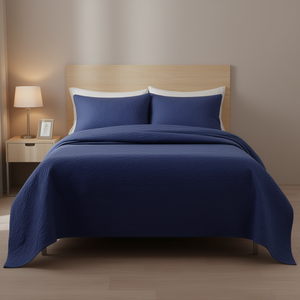 Juego de Cubrecamas Reversibles Azul Marino, Tamaño Individual, Algodón y Poliéster, Teñido Liso, Cosido, de Lujo para el Hogar - Product Image 2