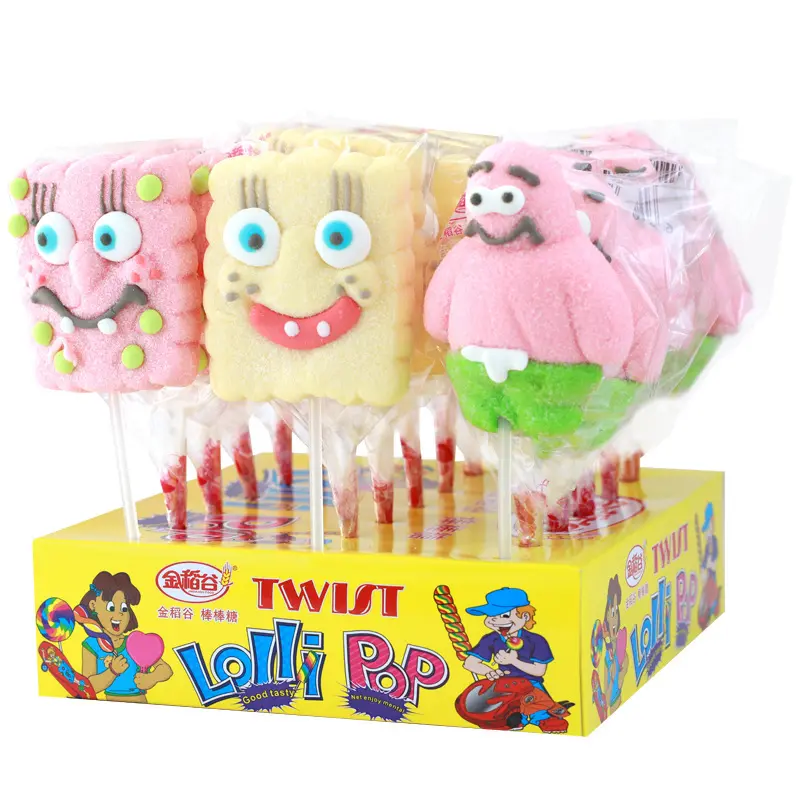 Cina vendita calda 35g * 18 SpongeBob SquarePants mangia, beve e gioca lecca-lecca caramelle marshmallow per bambini