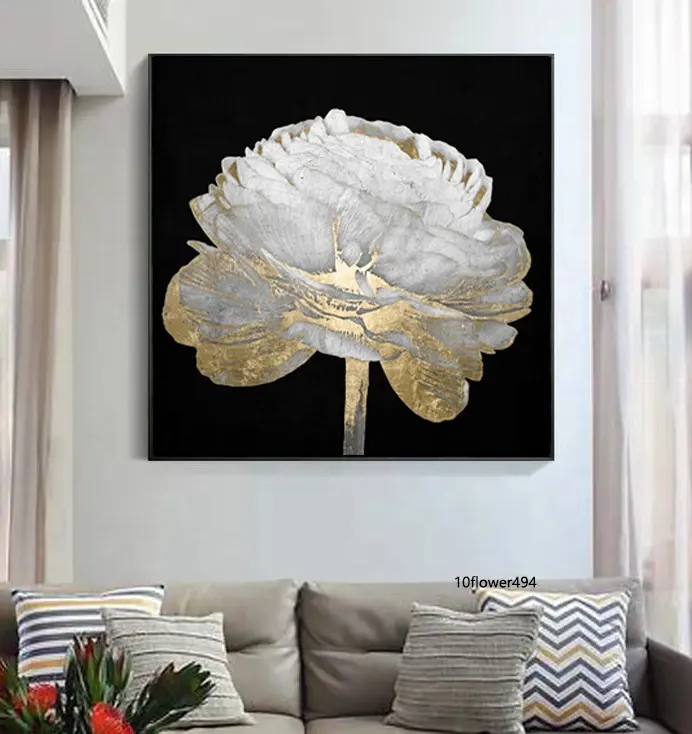 Factory Black Gold Foil Flower Paintings Modern Abstract Oil Canvas Handmade Flower Painting Wall Art For Living Room