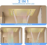 Système de Douche Double à Fixation Plafond 12x24 pouces, Pommeau LED 6 pouces, Pommeau Mural 4 Fonctions, Douchette à Bouton, Robinet Doré Brossé