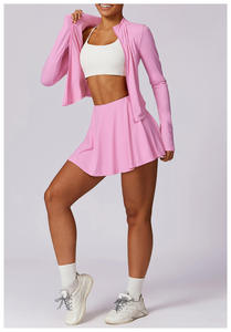 Stand Collar <b>Long</b> Sleeve Yoga Dress With Flared Skirt Quick Dry Spandex Polyester Solid Color High Waist - Product Image 6