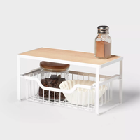 Organisateur de cuisine à domicile, comptoir décoratif, organisateur de bar à café, étagère de rangement avec panier coulissant et plateau en bois