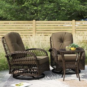 Juego de Muebles de Mimbre Dwoo Moderno de <span class=keywords><strong>3</strong></span> Piezas para Exterior con Sillas Mecedoras Giratorias para Terraza o Patio tipo Bistró - Product Image 1