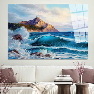 Printed <b>Canvas</b> Artwork Coastal Mountain View Landscape Art Deco Panel Hanging with Tempered Glass <b>Frame</b> - Product Image 3