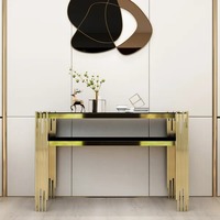 2023 plus récent 47.2 "table console étroite en faux marbre noir moderne avec étagère de rangement et 4 pieds en acier inoxydable doré