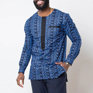 Chemise traditionnelle à imprimé africain Bleu marine Imprimé Hommes Top 100% Chemise en coton ciré pour la nouvelle saison - Product Image 6