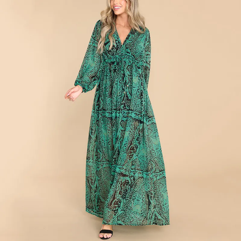 Factory Outlet Betoverende Groene Print Maxi Jurk V-Halslijn Jurken Ballonmouwen Met Elastische Manchetten Casual Elegante Rok