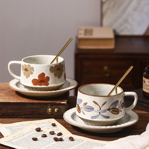 Juego de Tazas de Café Comerciales de Bambú, Taza Retro <span class=keywords><strong>para</strong></span> Latte, Taza Simple <span class=keywords><strong>para</strong></span> Té con Leche <span class=keywords><strong>y</strong></span> Flores, Platillo de Cerámica Japonés de 300 ml con Asa - Product Image 3