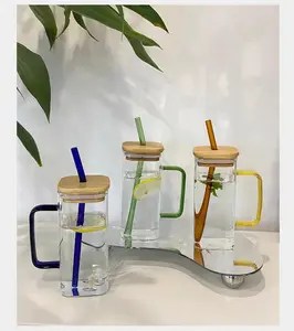 Square Glass With Handle Glass Cup With Bamboo Lid And Straw Glass Coffee Cup With Bamboo Lid And Straw