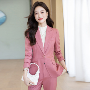 Striped Suit Set Women Three Quarter Sleeve Worsted Fabric Anti-Wrinkle Notched Collar Formal Autumn Wear - Product Image 3