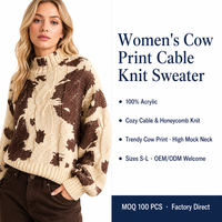 Sweater Rajut Wanita Custom LOGO, Model Pullover Lengan Panjang Kerah Mock Neck Motif Sapi, Kasual Modis Musim Dingin Bahan Akrilik, Pabrik OEM & ODM